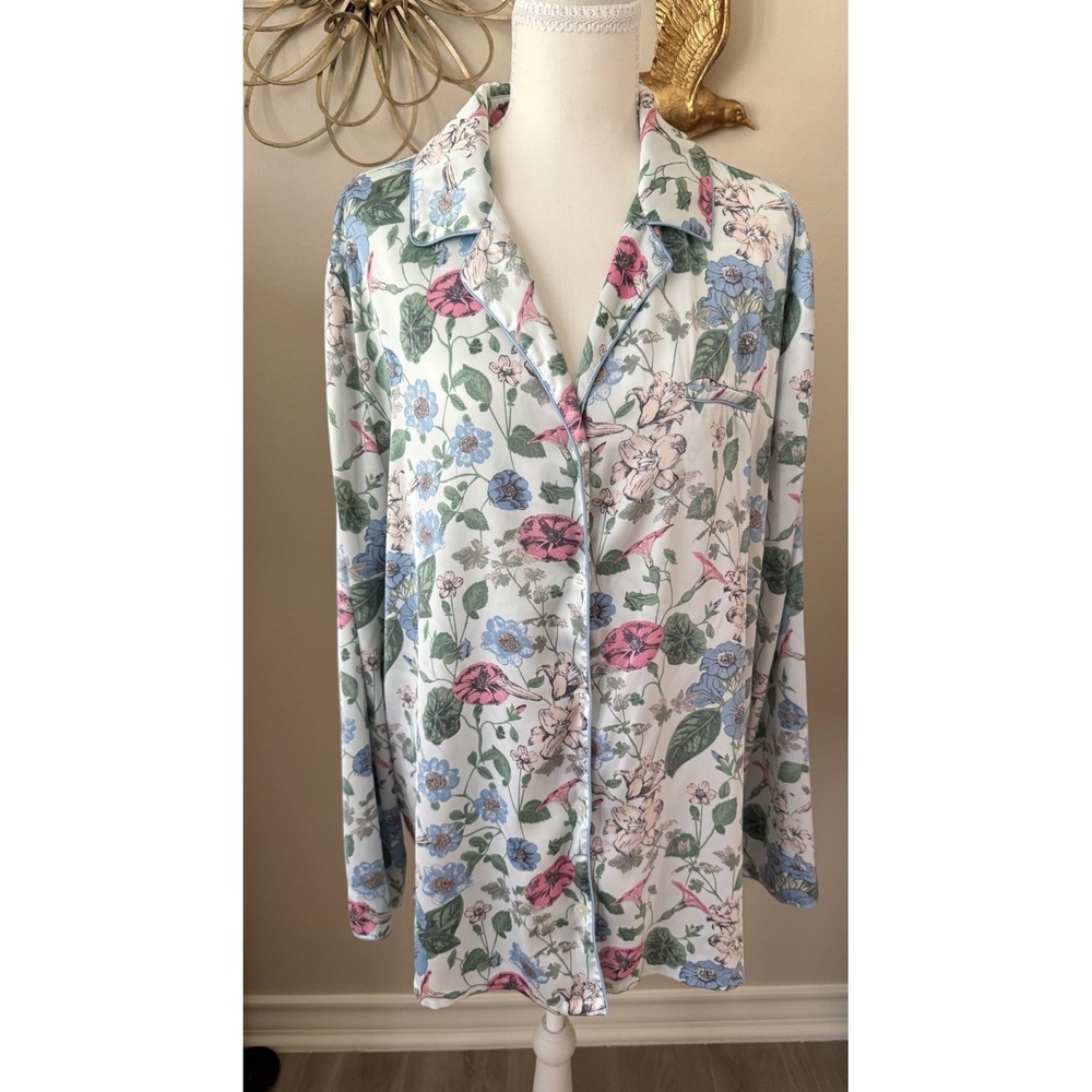 Soma Pajama Top Womens XL Floral Satin Button Front Sleep‎ Shirt Blue Pink